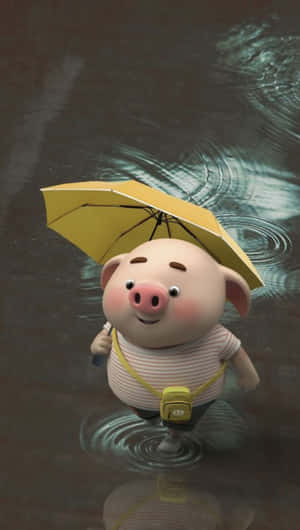 一隻可愛的豬拿著黃色雨傘在雨水坑中行走。 — 豬 壁紙