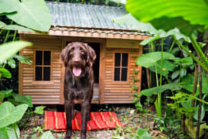 巧克力拉布拉多犬站在熱帶花園中的木製狗屋前。 — 可愛小狗 壁紙