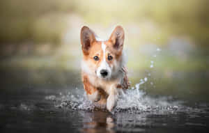 一隻柯基犬在水中奔跑，濺起水花。 — 快樂的豐收節 壁紙