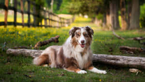 一隻棕白色澳洲牧羊犬躺在陽光田野的草地上，靠近木頭。 — 可愛狗狗 GIF 壁紙