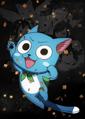 藍色動漫貓在金色紙屑飄落中慶祝。 — 凱蒂貓 美學 GIF 壁紙