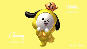 一隻有黑色耳朵的黃色卡通狗，眨眼時頭上頂著一個小橙色角色。 — 可愛的防彈少年團 壁紙