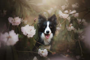 一隻快樂的邊境牧羊犬幼犬在花園中透過粉紅色開花的灌木叢窺視。 — 可愛小狗 壁紙