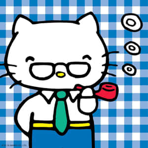 Hello Kitty 戴著眼鏡和領帶在格子背景上抽煙斗。 — 白色 壁紙