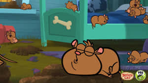 一隻戴眼鏡的卡通倉鼠在洞穴裡睡覺，周圍有其他倉鼠。 — Pbs Kids 壁紙