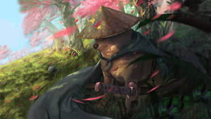 武士狐狸在櫻花下的草地上持劍 — 狗狗藝術 壁紙
