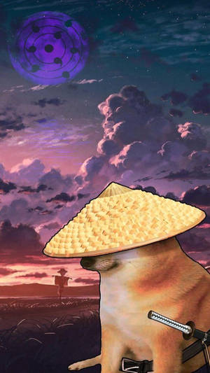 日落時分，紫色寫輪眼天空下，戴草帽和劍的狗。 — 有趣美學GIF 壁紙