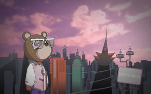 卡通熊戴著太陽眼鏡，身處未來城市，日落時分。 — 熊 GIF 壁紙