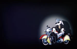 戴著太陽眼鏡的卡通兔子在聚光燈下騎著紅色摩托車。 — 巴布風機車 壁紙