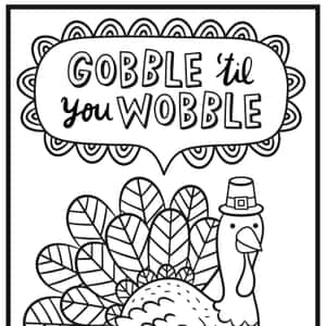 一隻戴著朝聖者帽子的卡通火雞在節日填色頁上說 'Gobble 'til you wobble'。 — 土耳其 壁紙