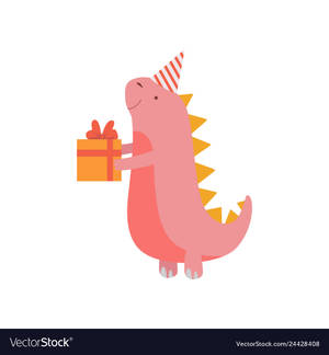 戴著派對帽的粉紅色卡通恐龍拿著生日禮物 — 粉紅色 壁紙