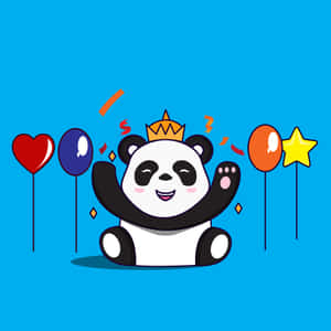 一隻戴著皇冠的微笑卡通熊貓被氣球和五彩紙屑包圍。 — 1:1 壁紙