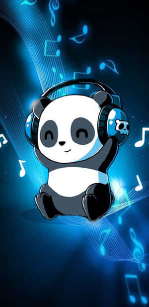 戴著耳機的可愛熊貓被發光的音符包圍。 — 卡通 壁紙