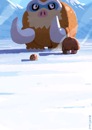 一隻戴著護目鏡的巨大長毛猛獁象站在雪中，旁邊有一隻小豬。 — 動漫 壁紙