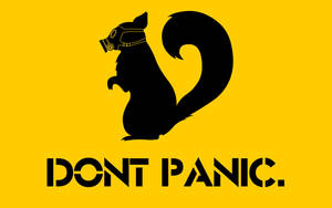黑色松鼠戴防毒面具在黃色背景上，附有「DONT PANIC」文字 — 松鼠 壁紙