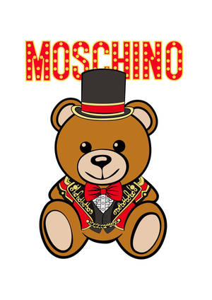 穿著正裝的泰迪熊在發光的Moschino標誌下。 — 可愛熊 壁紙