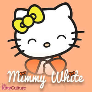 Hello Kitty 角色戴著黃色蝴蝶結在蜜桃色背景上微笑。 — 魯夫微笑 壁紙