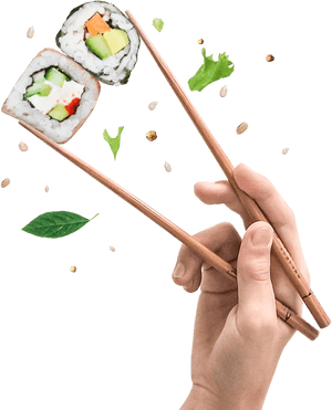 手用筷子夾起壽司卷，配料飛舞。