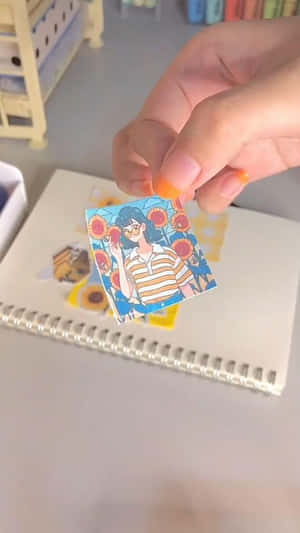 手拿著向日葵女孩貼紙在筆記本上方 — 創意 壁紙