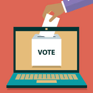 手將選票插入顯示在筆記型電腦螢幕上的投票箱。 — 選舉 壁紙