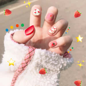 手上有草莓美甲設計和閃粉，穿著 fluffy 袖子。 — 縮圖 壁紙