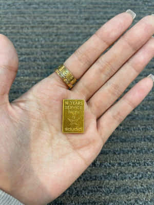 手拿著刻有文字的黃金服務獎章。 — 3:4 壁紙