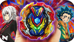 手拿著一個色彩繽紛的Beyblade，背景有兩個動漫角色。 — 戰鬥陀螺爆裂 壁紙