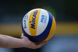 在室內球場中，一隻手拿著獲得 FIVB 認可的 Mikasa 排球。 — 排球 壁紙