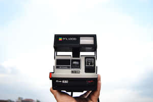 手拿著Polaroid Sun 630即時相機，背景是多雲的天空。 — MacBook Pro M4 壁紙