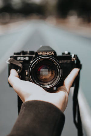 手在道路上拿著一台復古Yashica底片相機。 — 攝影 壁紙