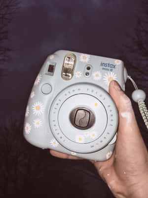 黃昏時手持雛菊圖案的 Instax Mini 8 相機。 — 銀色 壁紙