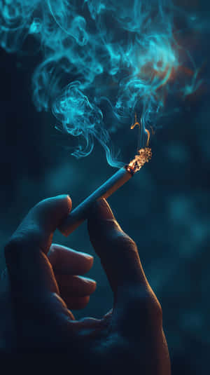 手拿著點燃的香煙，藍色煙霧在黑暗背景中升起 — 抽菸 壁紙