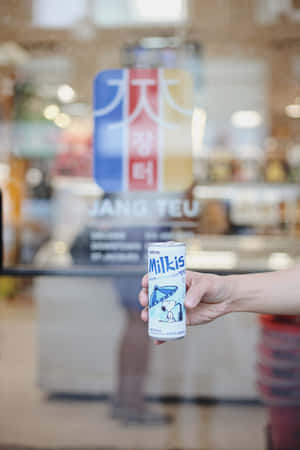 手拿著一罐Lotte Milkis，罐上有史努比在雨傘下，在商店內。 — 小米平板 9 Pro Max 壁紙