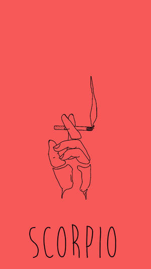一隻手拿著香煙，煙霧在珊瑚色背景上升，標有scorpion。 — 抽菸 壁紙