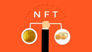 手拿天平平衡NFT硬幣與現金和美元鈔票。 — 金融 壁紙