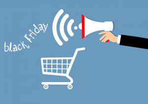 手拿擴音器向購物車圖示大喊black friday。 — 酷黑 壁紙