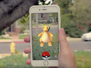 手拿著手機，Pokemon GO的Dragonite出現在郊區草地上。