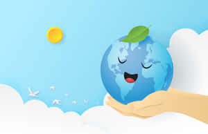 一隻手捧著帶有笑臉的綠色地球 — 世界地球日 壁紙