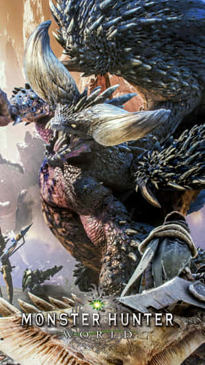 《魔物獵人 世界》遊戲封面， featuring 巨型怪物和獵人的戰鬥。 — 怪獸電力公司 壁紙