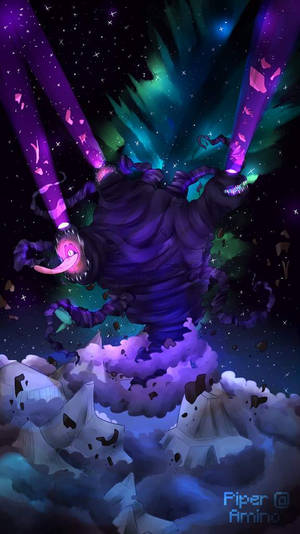 一隻擁有發光眼睛和觸手的巨大紫色怪物，從繁星點點的極光天空中的雲層中出現。 — 凋零風暴 壁紙