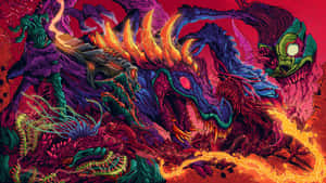 在黑暗奇幻場景中，一條火焰巨龍與怪誕的外星怪物戰鬥。 — 1080x2340 壁紙