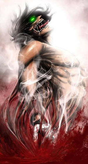 擁有發光綠色眼睛和尖銳牙齒的動畫巨人從紅色煙霧中出現。 — 進擊的巨人 iPhone 壁紙