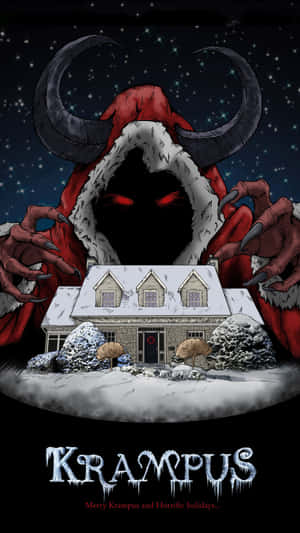 Krampus在繁星點點的夜空下，籠罩著一間被雪覆蓋的房子。 — 神話生物 壁紙