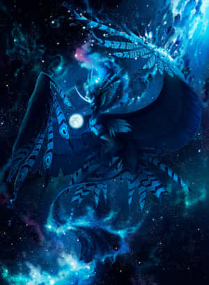 一隻帶有圖案翅膀的藍龍飛過佈滿星星的宇宙星雲。 — 魔法動圖 壁紙