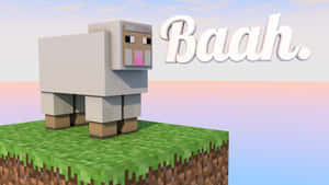 方塊狀的Minecraft羊站在草塊上，天空中有「Baah」文字。 — 可愛 Minecraft 壁紙