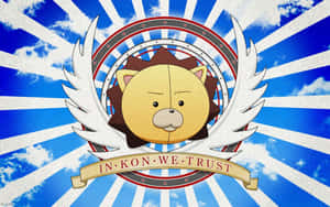 有翅膀和寫有「IN KON WE TRUST」橫幅的卡通獅子，背景是藍天和太陽光芒。 — 死神 壁紙