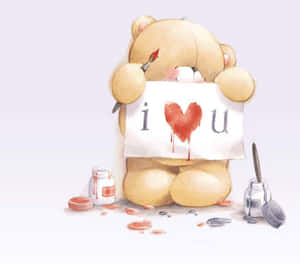 一隻泰迪熊拿著一個寫著「i love u」並帶有滴落紅色心形的牌子。 — 可愛熊 壁紙