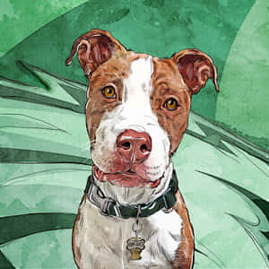 一隻棕色和白色的比特犬，帶有骨頭標籤，名叫布魯諾，站在大片綠色熱帶葉子中。 — 狗狗藝術 壁紙