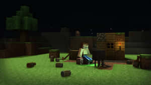 夜晚Minecraft村莊中火炬和方塊旁的明亮木屋附近的殭屍。 — 像素藝術 壁紙