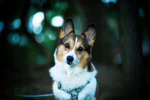 一隻穿著胸背帶的柯基犬在森林中看著鏡頭。 — 柯基 壁紙